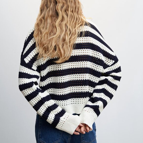 Striped openwork knit sweater Navy Cream - Picture 3 of 4